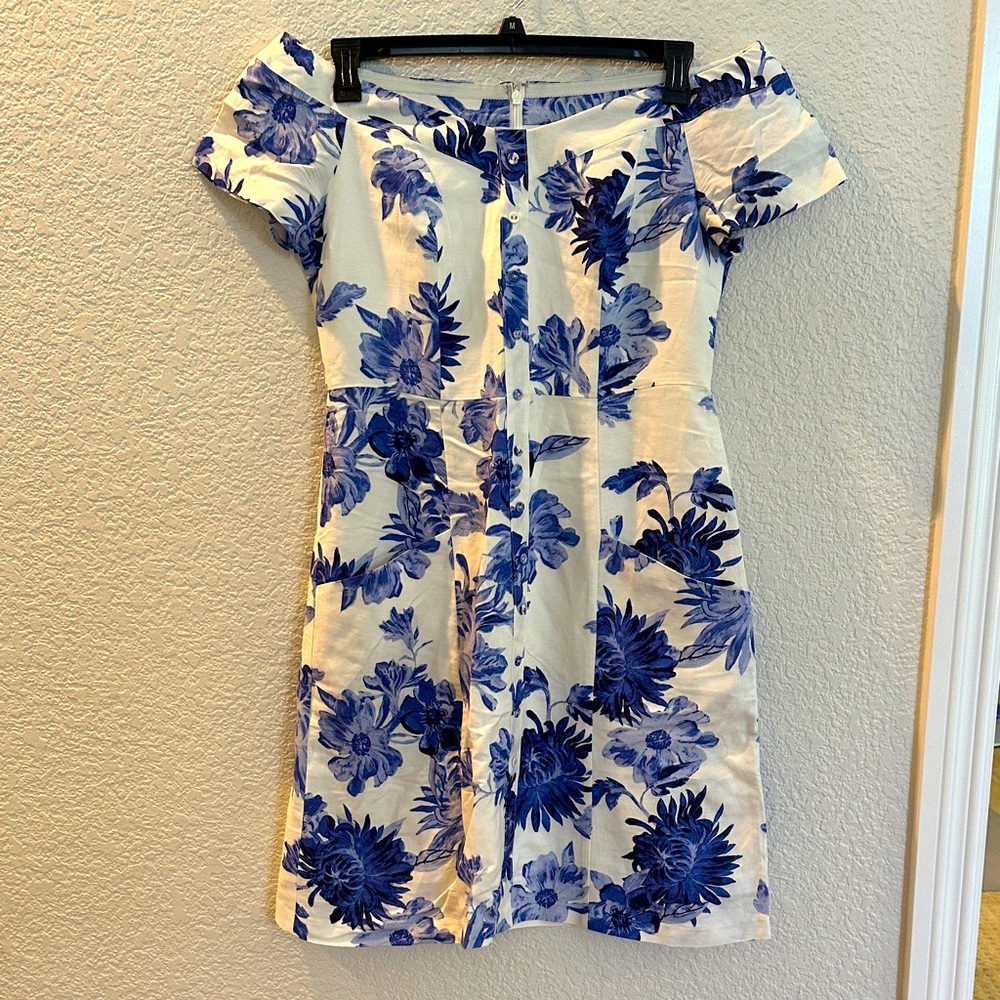 Adrianna Papell White Dress with Blue Floral Print